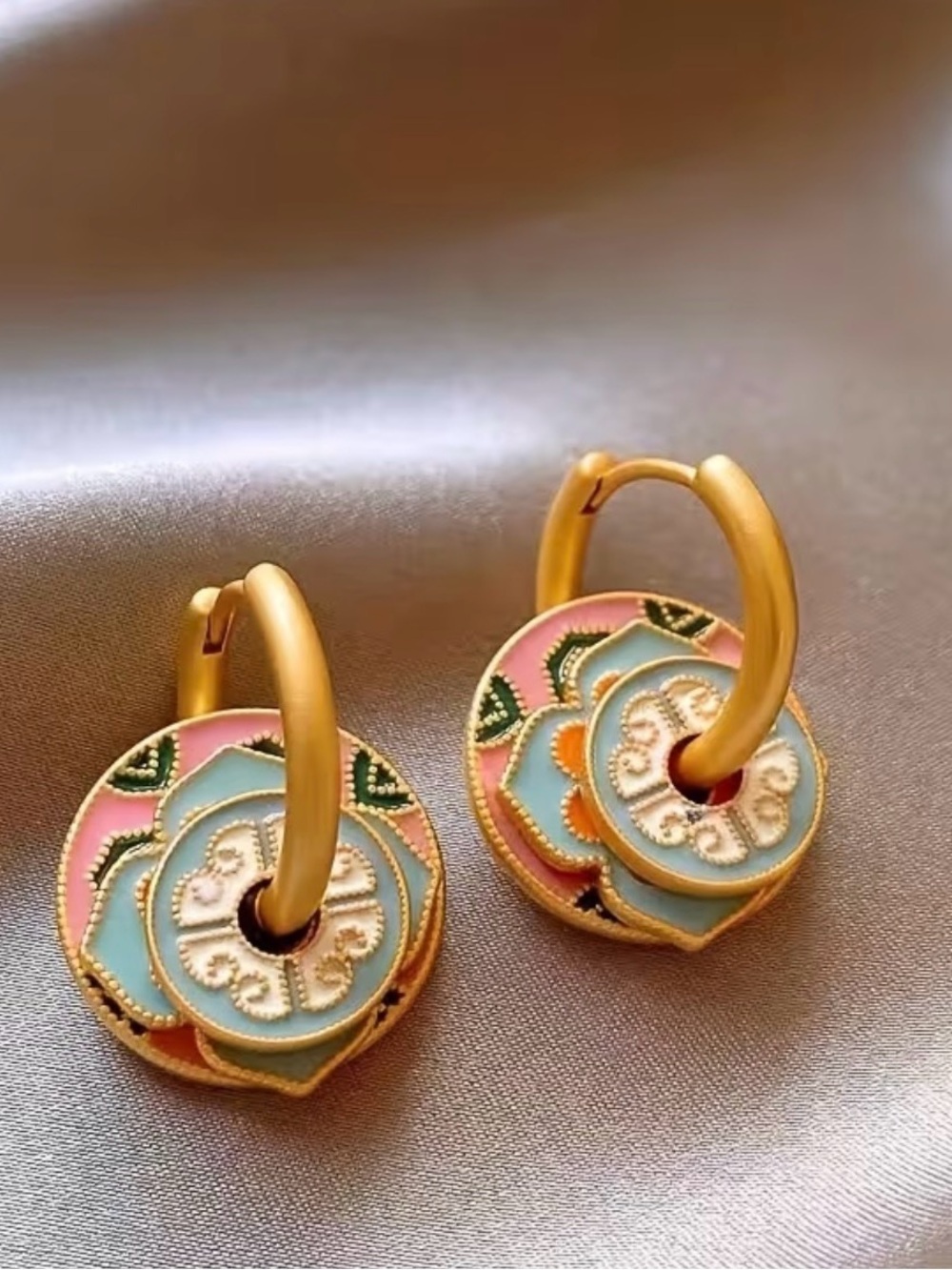 Gold Hoop Earrings with Pastel Floral Enamel Medallions